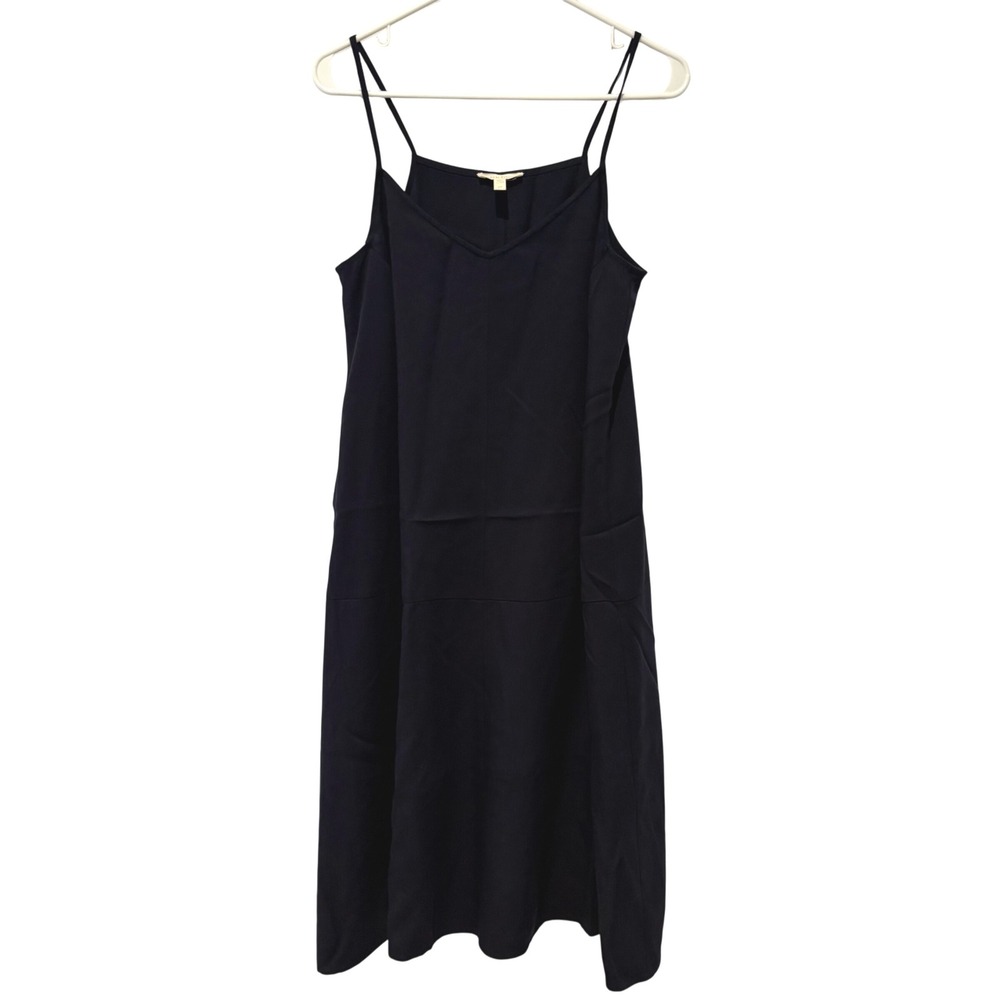 Eileen Fisher Navy Blue Tencel Lyocell V Neck Spaghetti Strap Midi Dress‎ S P